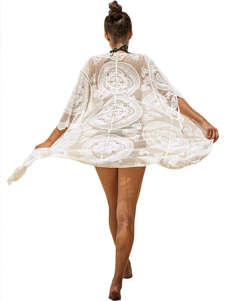 Kistore Womens Sexy Summer Loose Open Front Long White Lace Kimono Cardigan Crochet Beach Cover Up - Image 1
